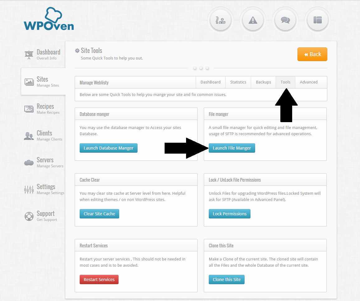 WPOven File Manager Tool Dashboard