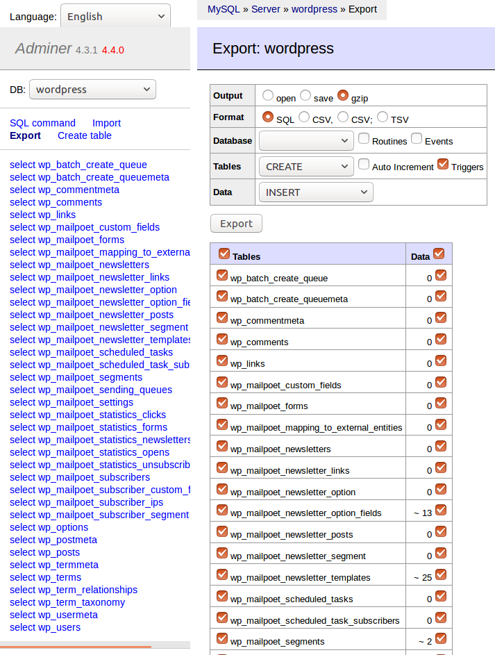 Export data from Adminer