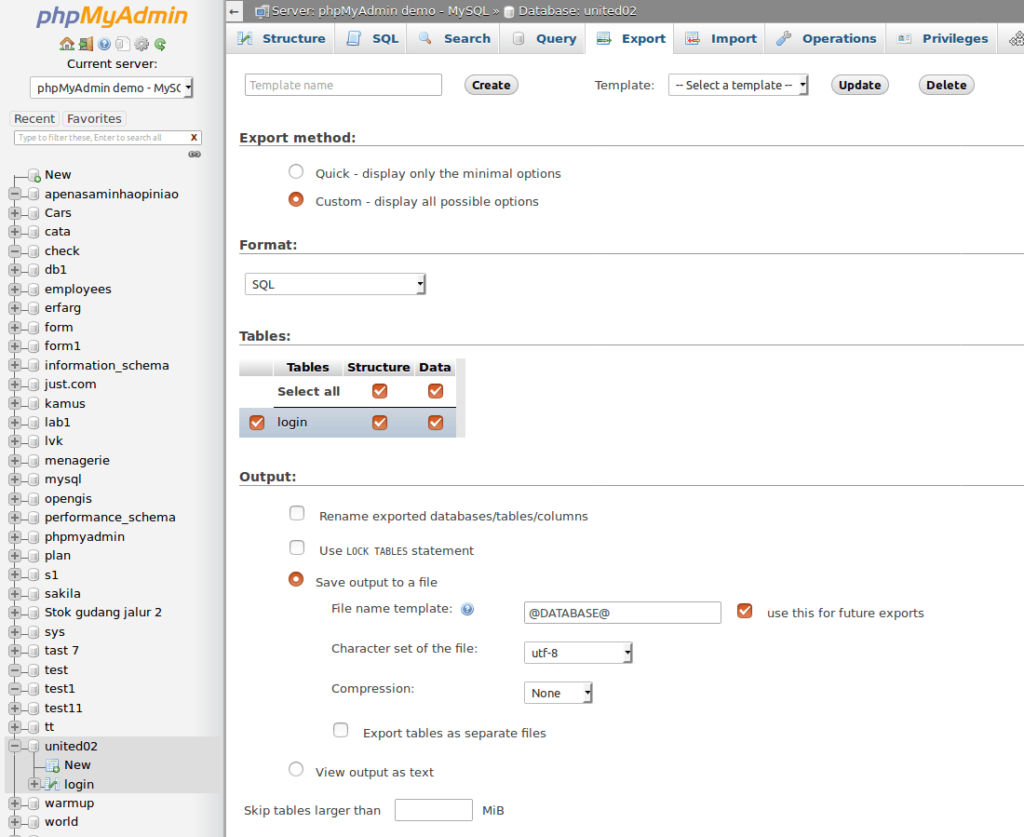 Export database tables using phpMyAdmin