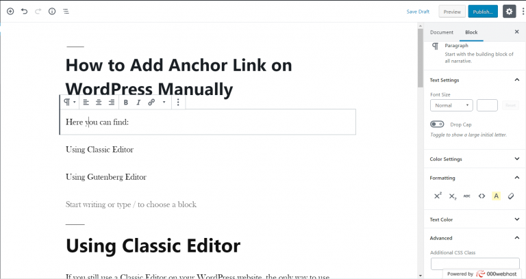 Add Anchor Link on WordPress Manually