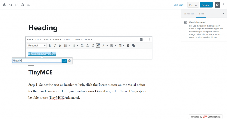 How to add WordPress anchor links? 12 TinyMCE Advanced header