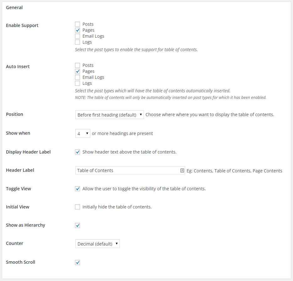 Easy Table of Contents WordPress plugin dashboard 