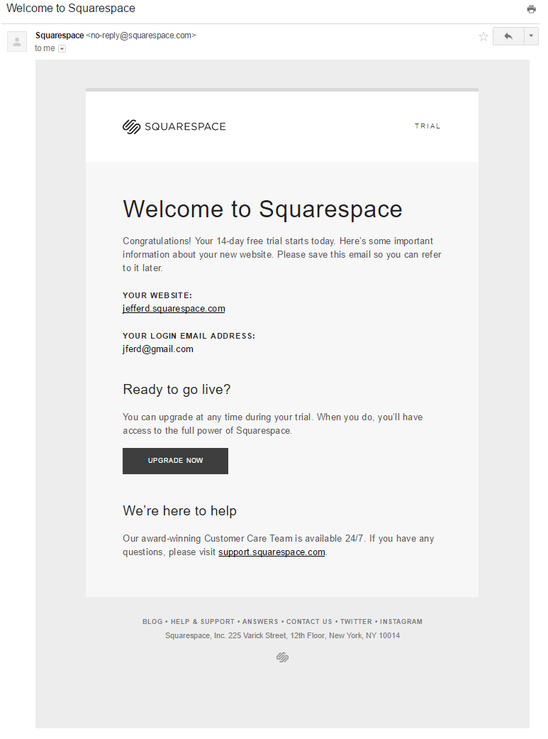 Welcome Email Squarespace