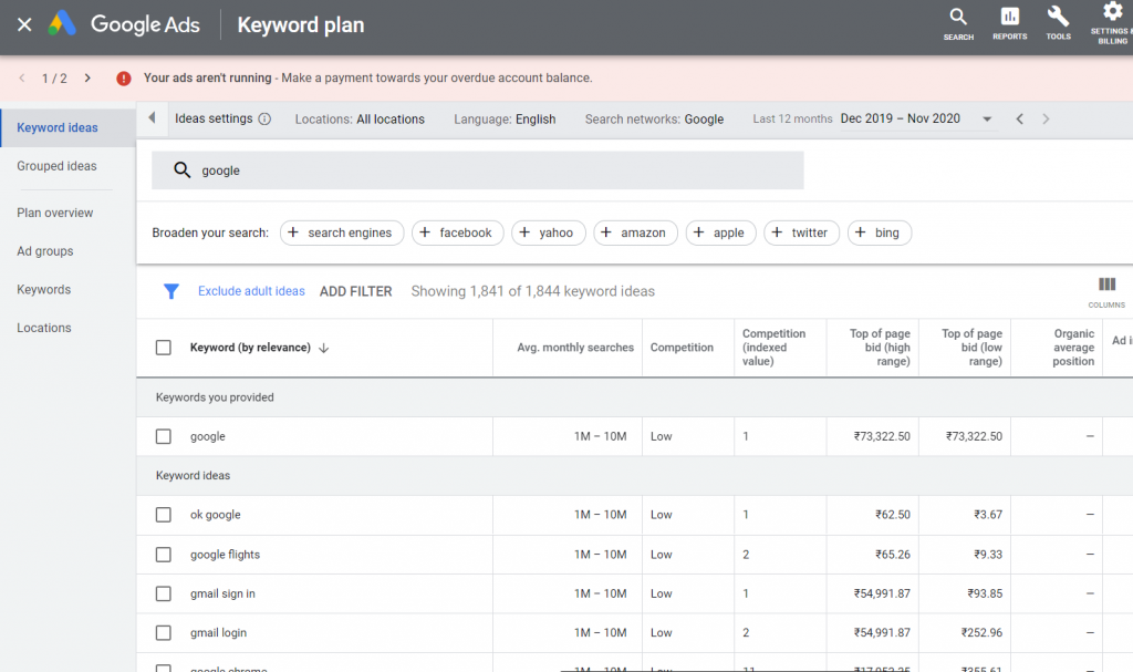Google keyword Planner dashboard