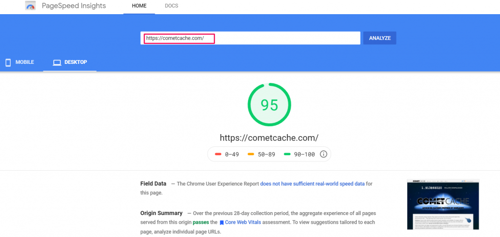 comet cache plugin site speed test