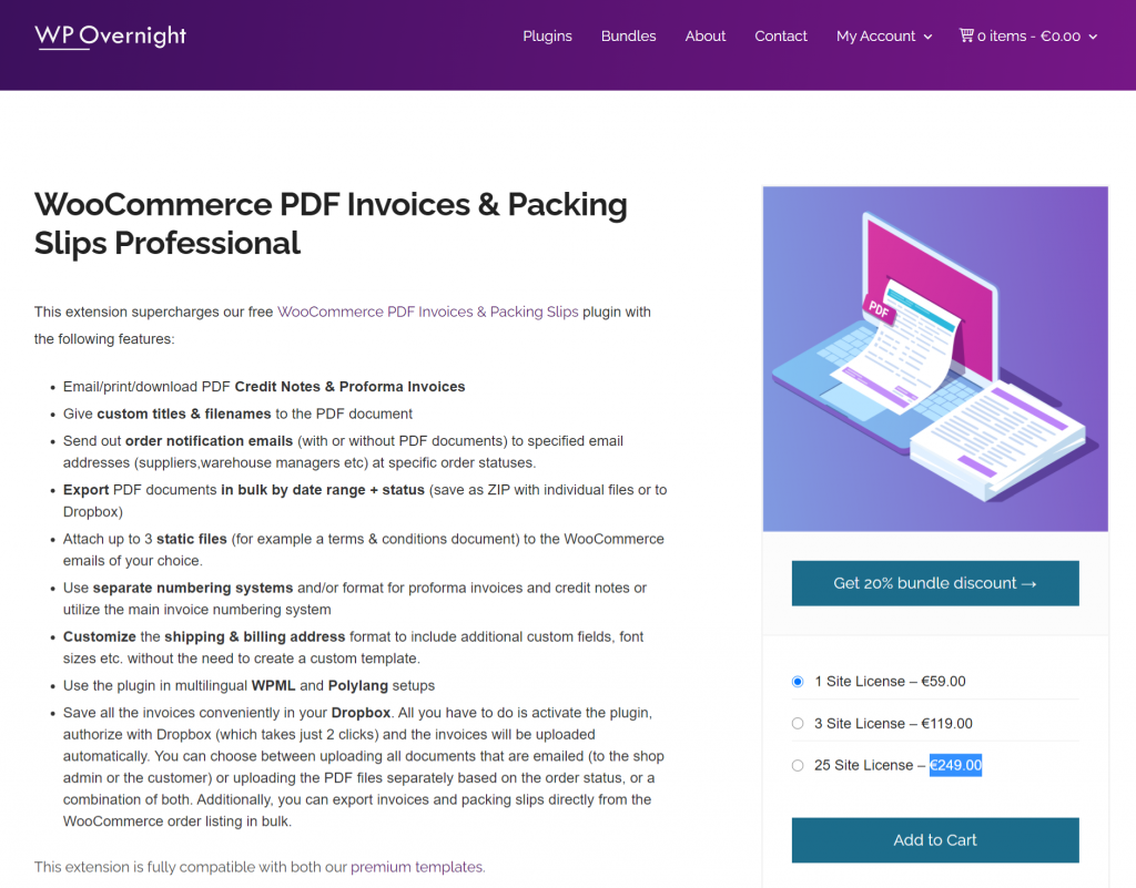 Woocommerce PDF Invoices & packing slip Pricing