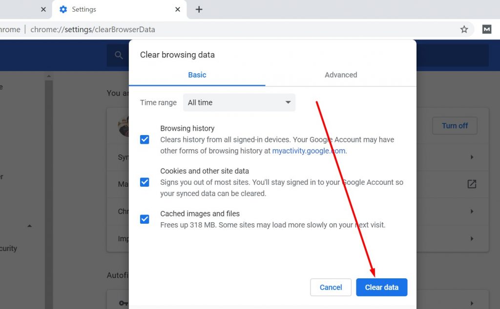 Clearing browser data in chrome
