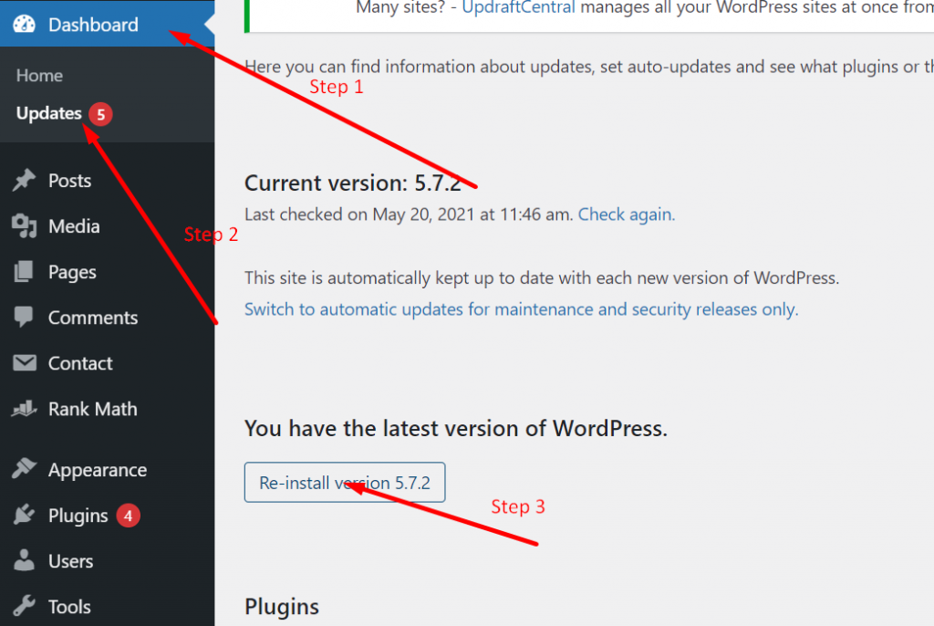 Reinstall WordPress from Dashboard