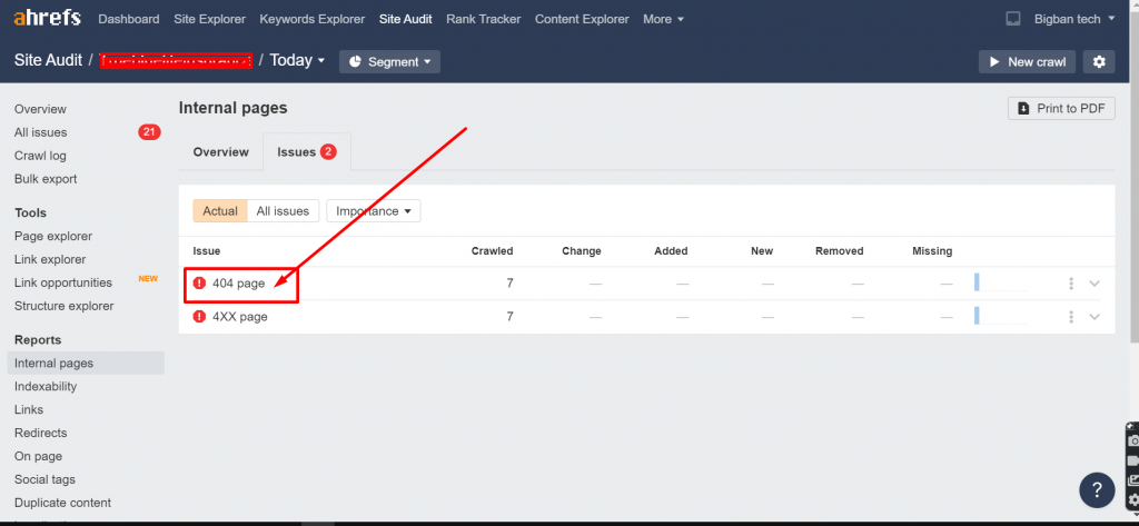 Broken links checking using Ahrefs