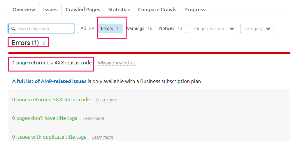 Semrush site audit showing 40X errors