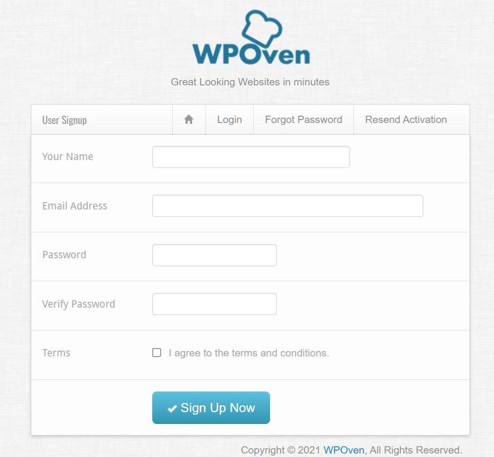 WPOven sign up form