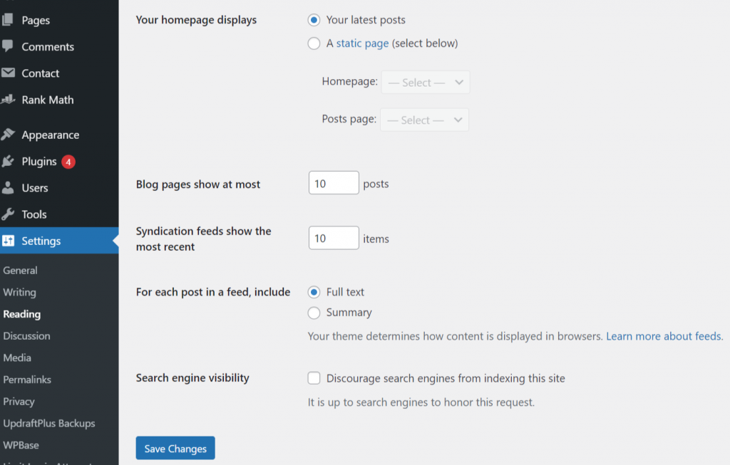 Reading settings in WordPress 