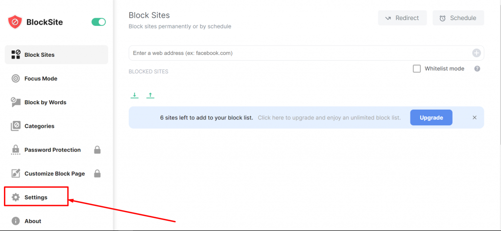 BlockSite settings