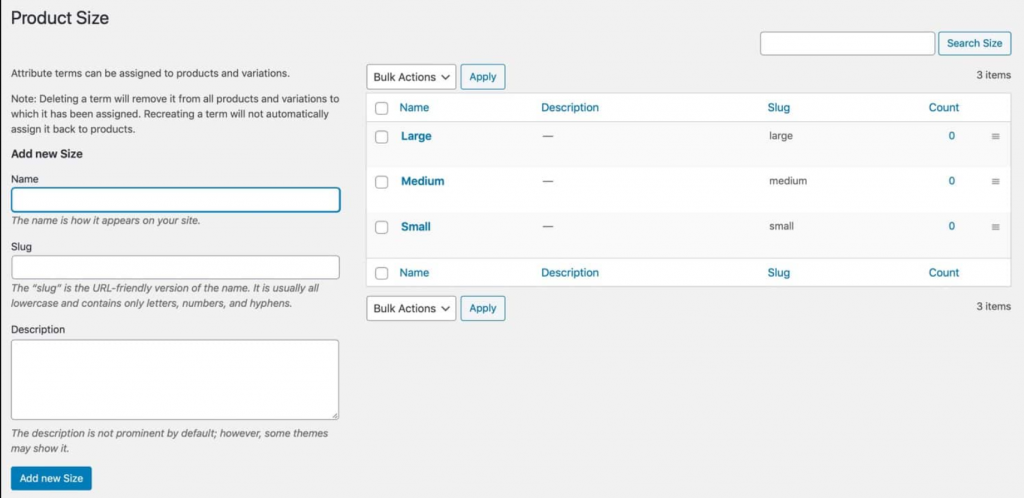 Product Attribute terms listing