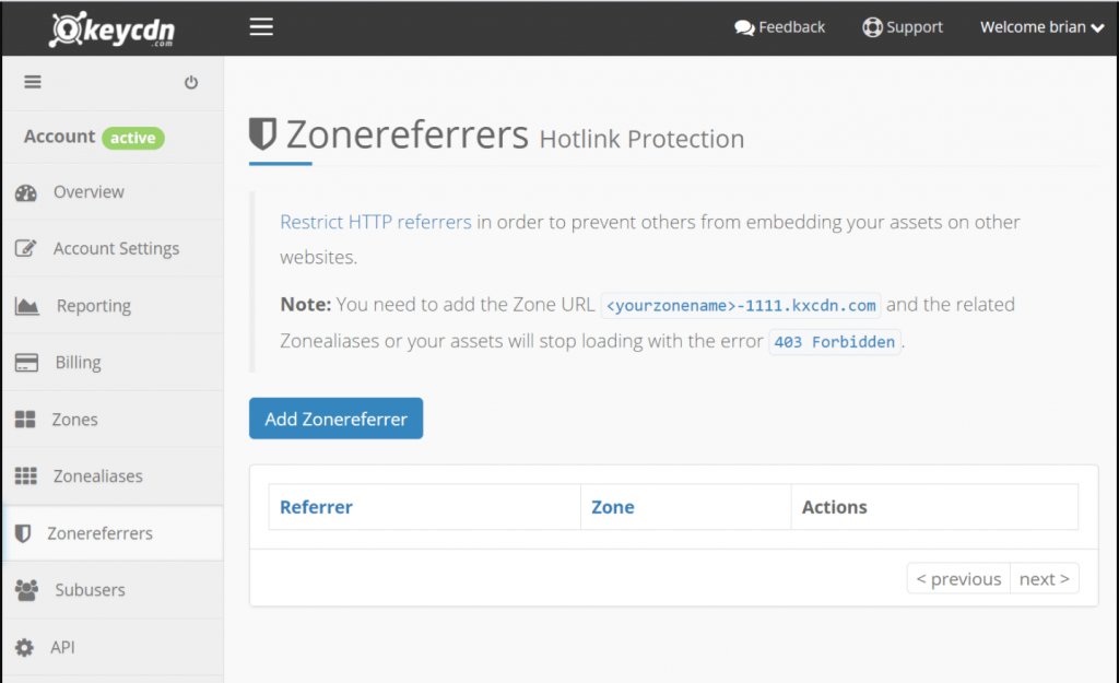 Enabling Hotlinking protection in KeyCDN