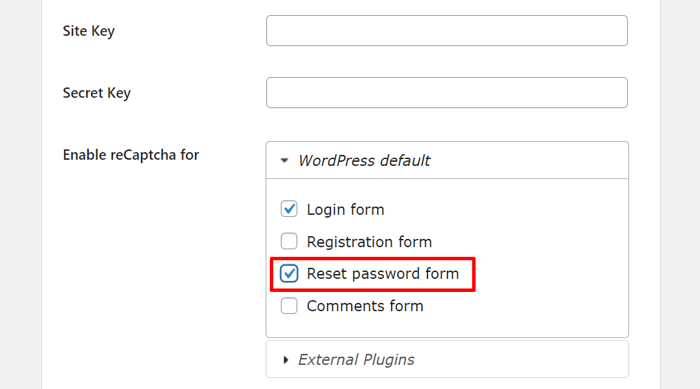 Enable reCaptcha for Reset Password form