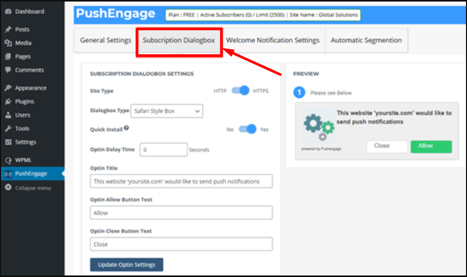 PushEngage Subscription Dialogbox