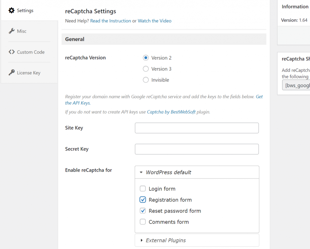 reCaptcha Settings