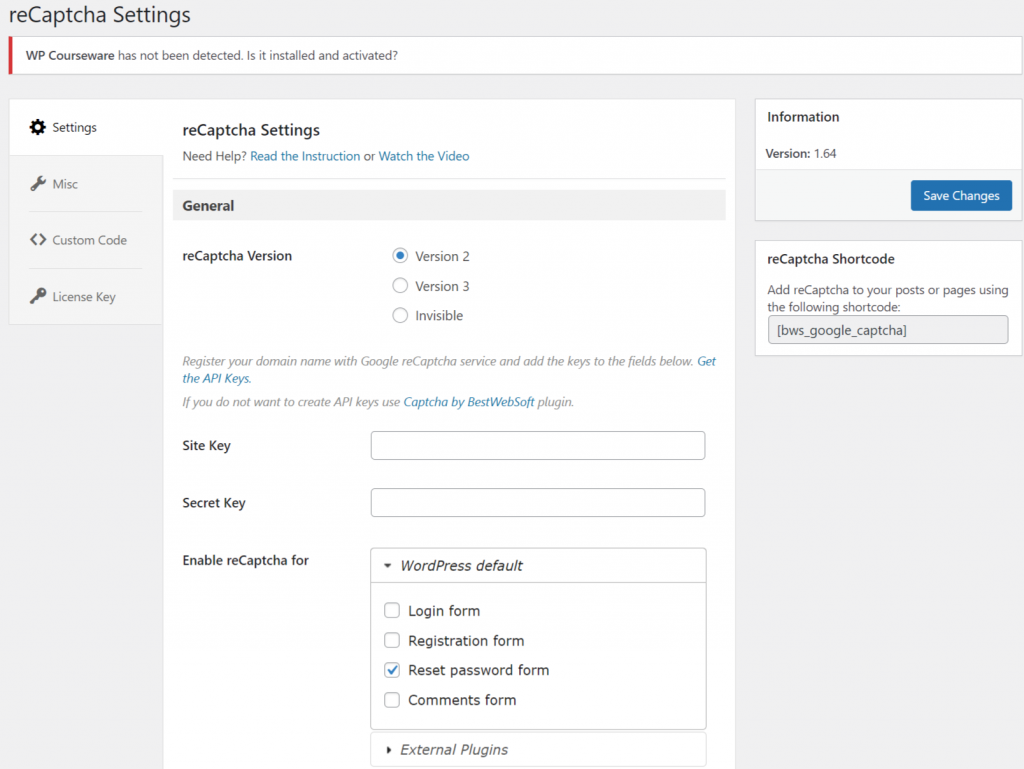 Adding google reCaptcha keys to the Google Captcha Plugin