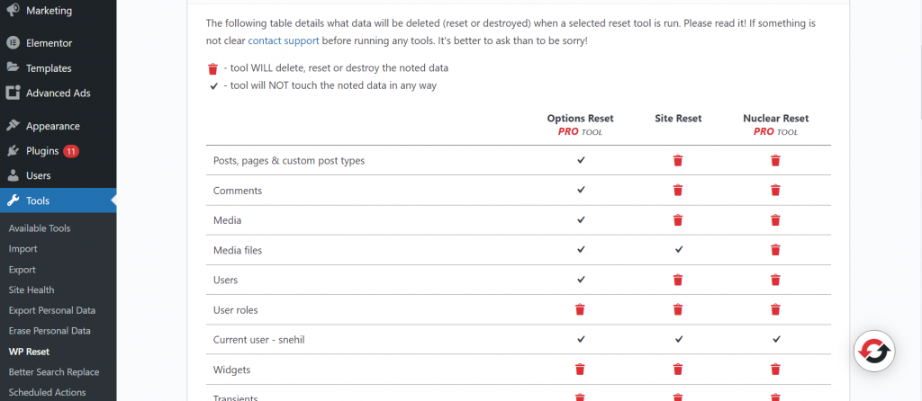 WP reset settings page