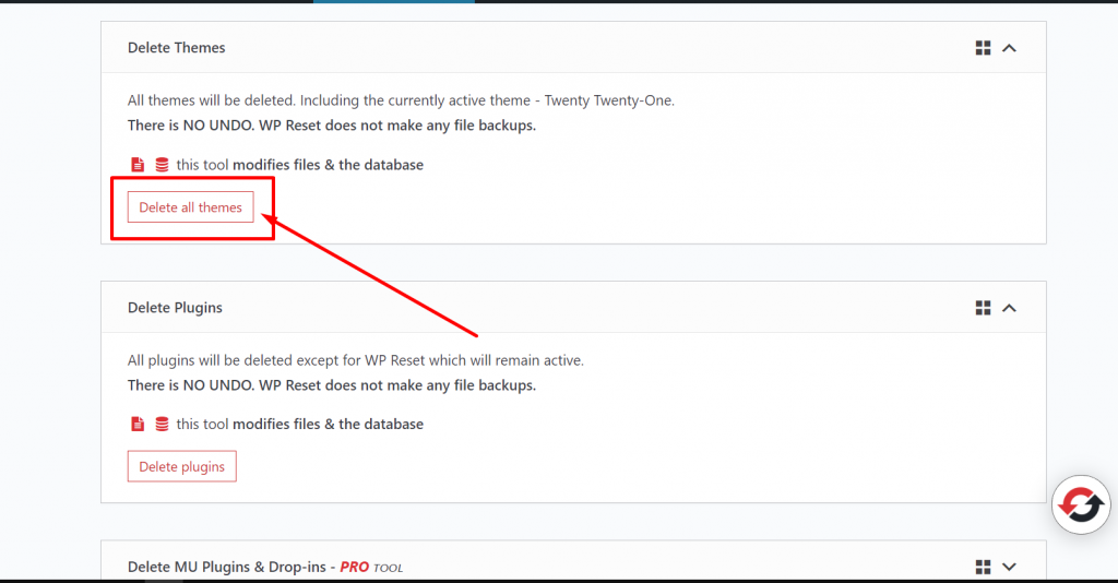 Delete All themes WP reset