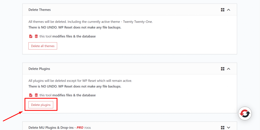 WP reset Delete Plugins