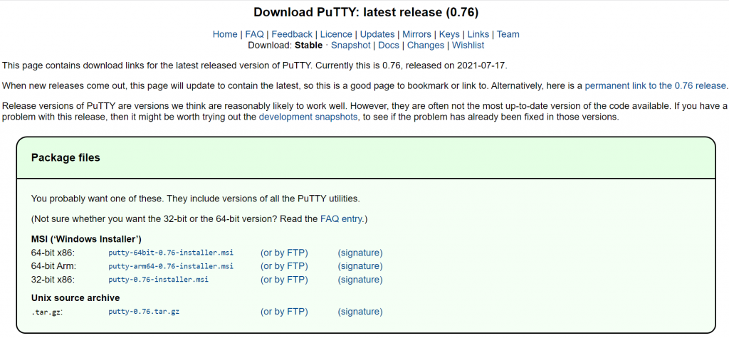 PuTTY download Page