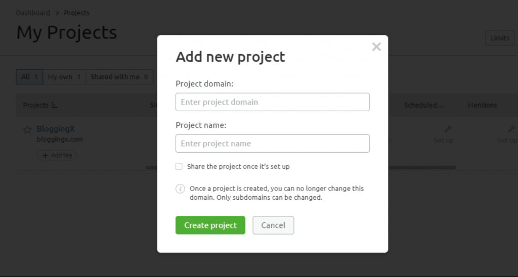 Semrush: Add new Project