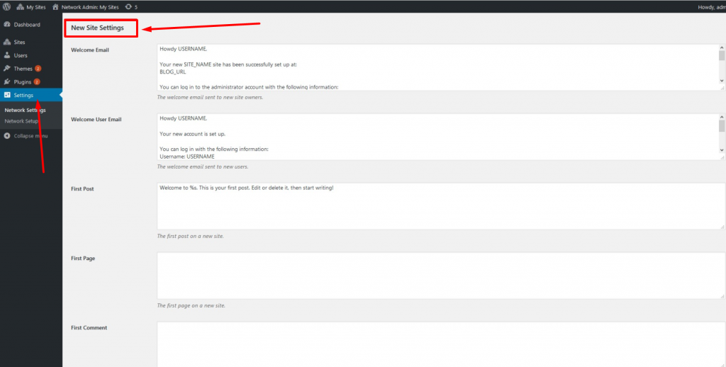 New Website on Multisite network Settings.