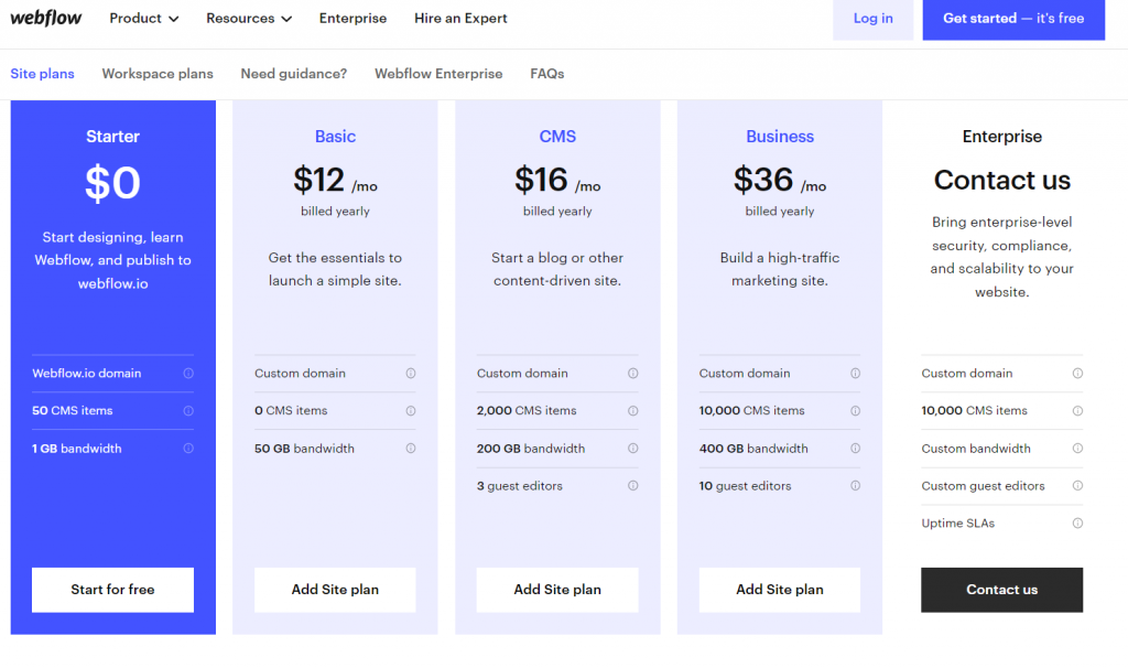 Webflow pricing table