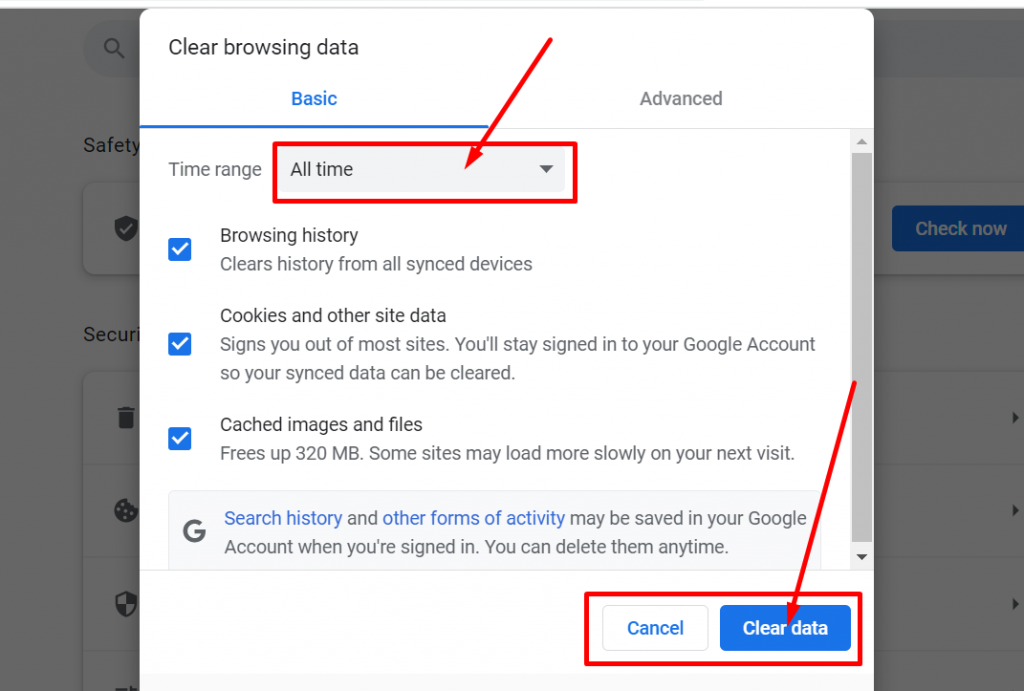 Clearing chrome browser cookies and cache memory