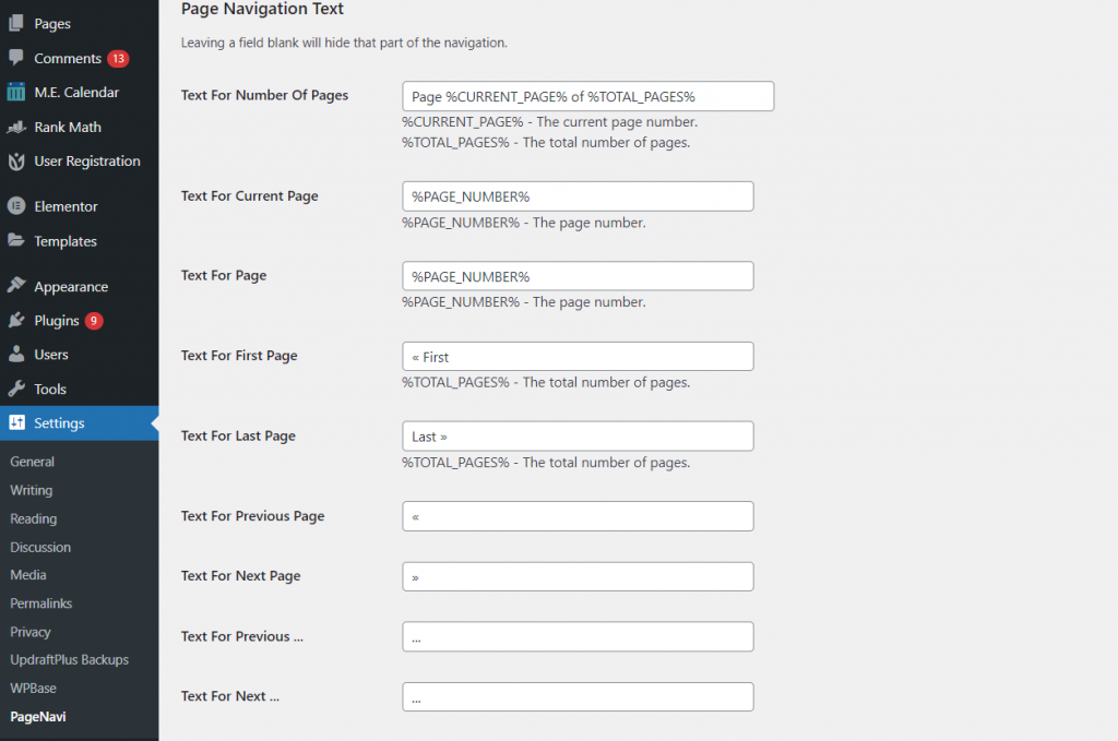 WP-PageNavi plugin Settings