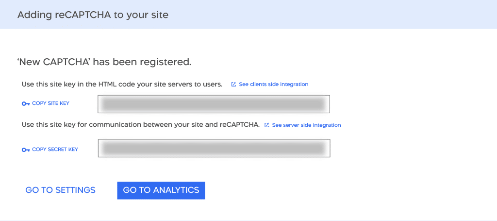 Copy the site key and secret key