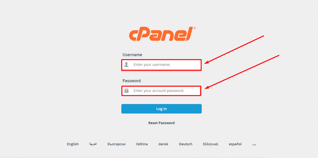 cPanel login page