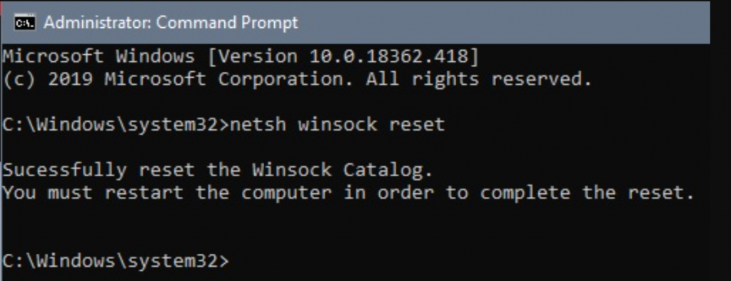 Reset Winsock using cmd prompt