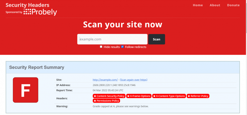 HTTP security header scan results
