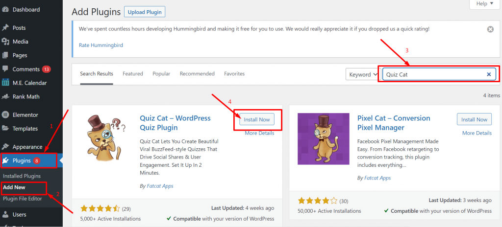 Quiz cat WordPress Quit Plugin installation