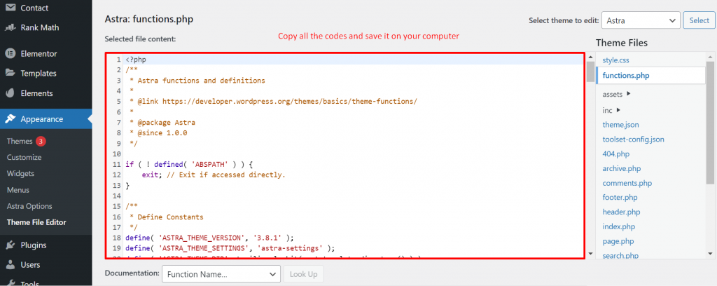 Copying codes of function.php file