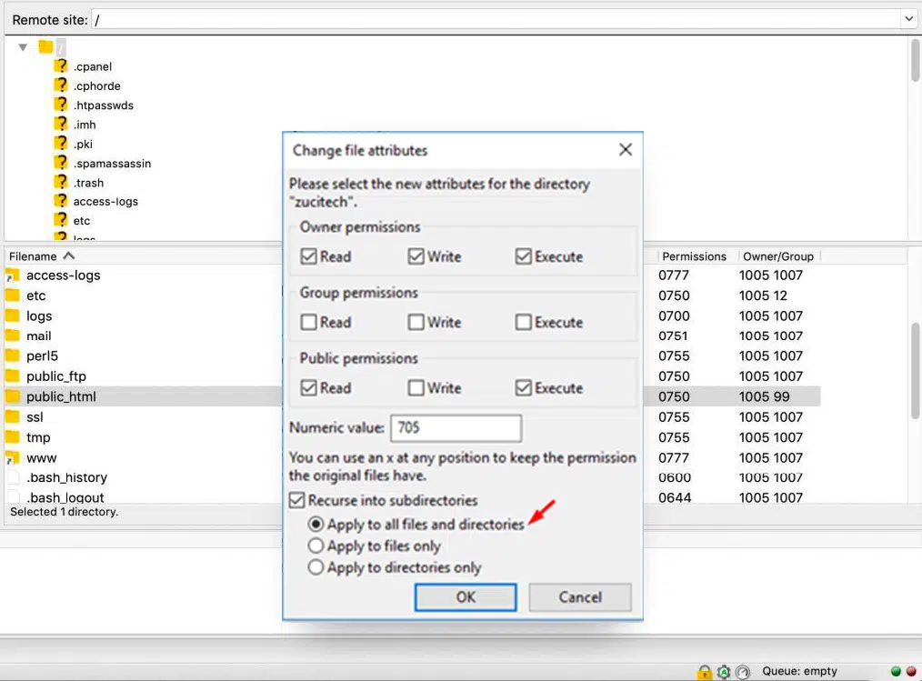 Setting File Permission using FTP Tool like Filezilla Error 403