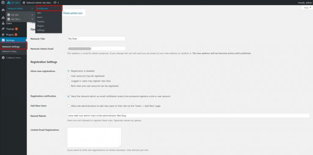 WordPress multisite Registration settings