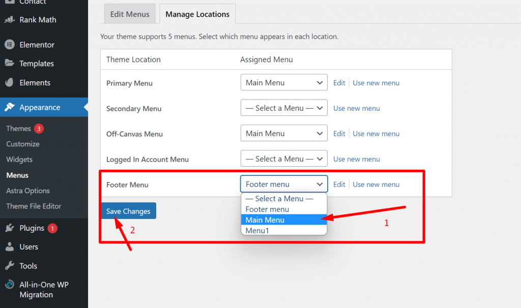 Manage Location of footer menu