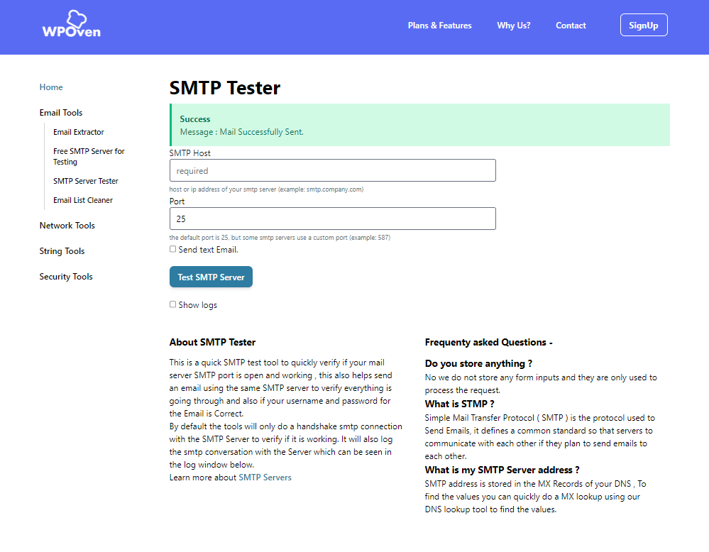 SMTP server Testing tool WPOven
