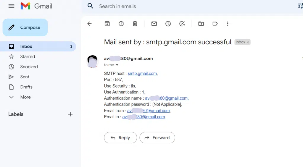 Mail sent by smtp.gmail.com successful