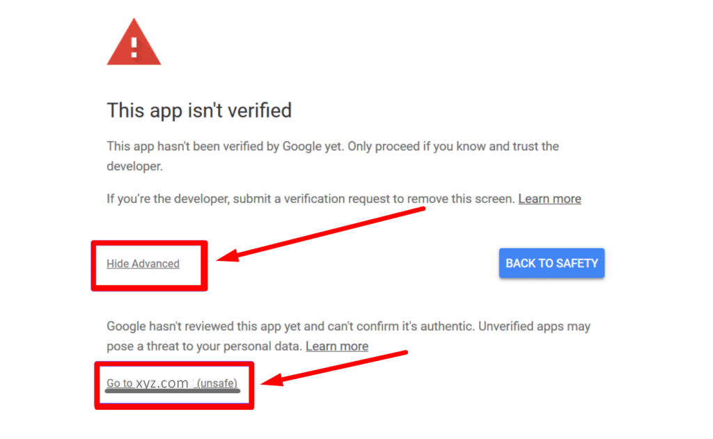 App verification warning message