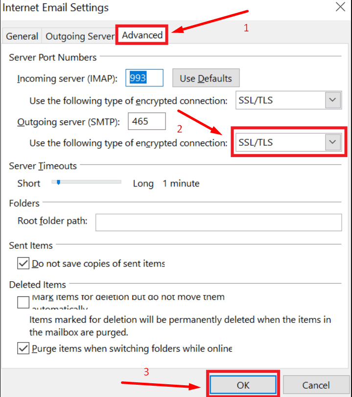 Internet Email Settings Advanced Tab