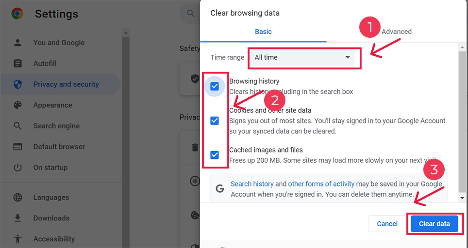 Clearing chrome browsing history and cache memory