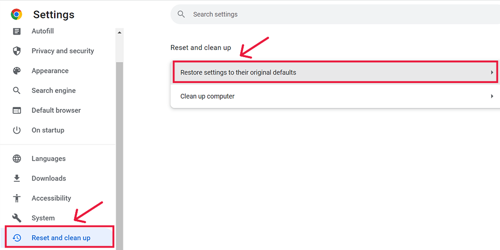 Reset and clean up options in the Chrome browser