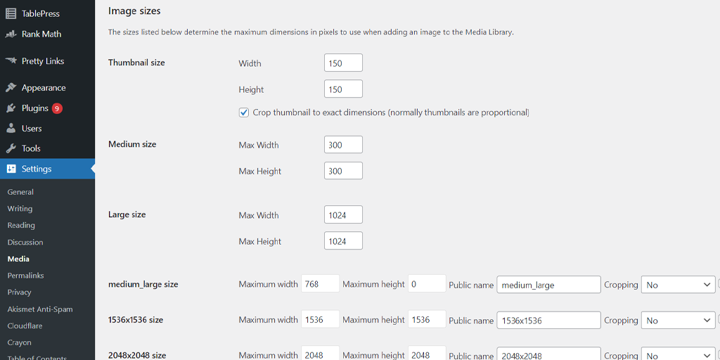 WordPress Featured image size settings page