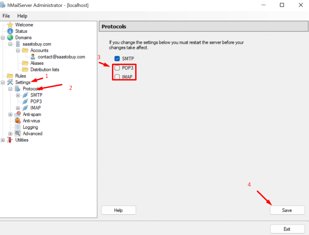 hMailServer Protocol Settings