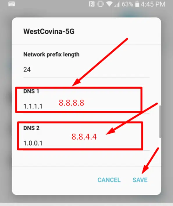 Changing DNS settings on Android device